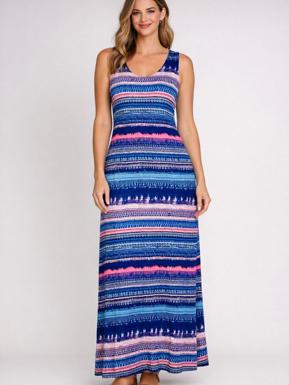 Tribal “Water” Tank Style Maxi Dress in blues and pink Stripes Size Medium NWT